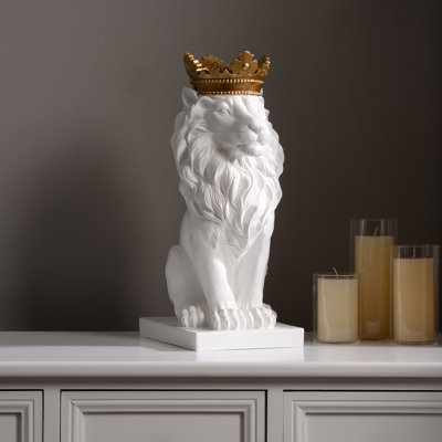 14.5" H Sitting Lion W/Crown Bronze Colour Resin Statue Home Decor Living Room Display