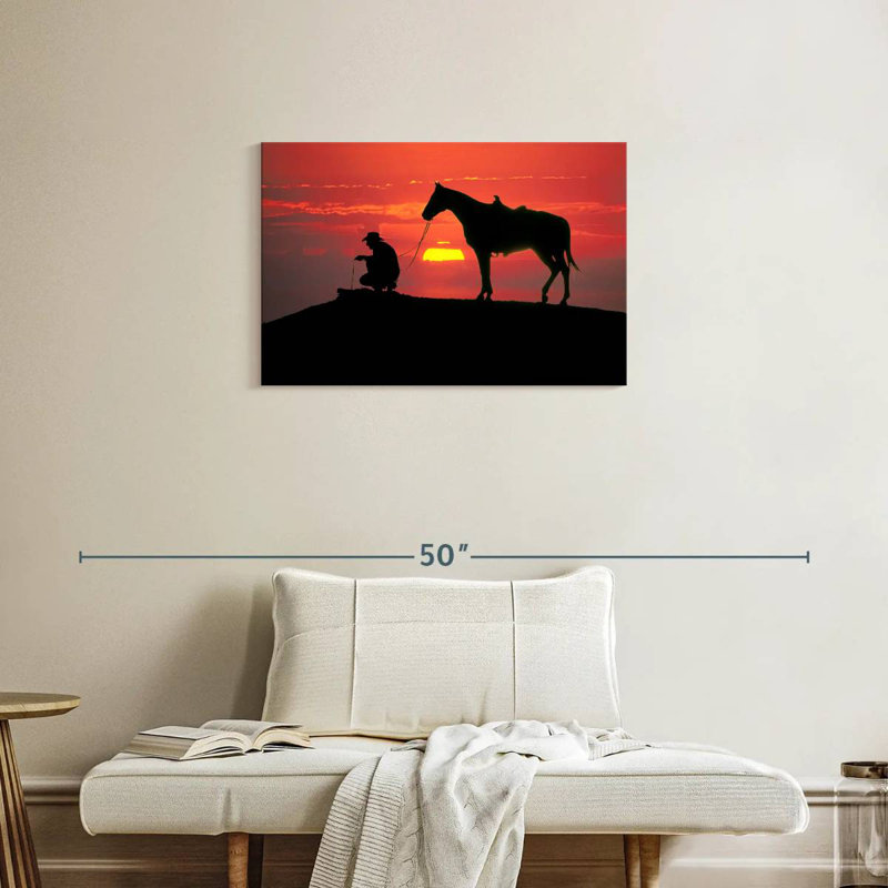 Cowboy du Texas au coucher du soleil, H 20 po x l 30 po