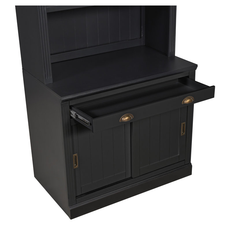 Bibliothèque moderne de 212 cm de haut avec portes coulissantes, tiroir et étagères ouvertes, meuble de rangement en bois massif et MDF pour salon ou bureau, noir