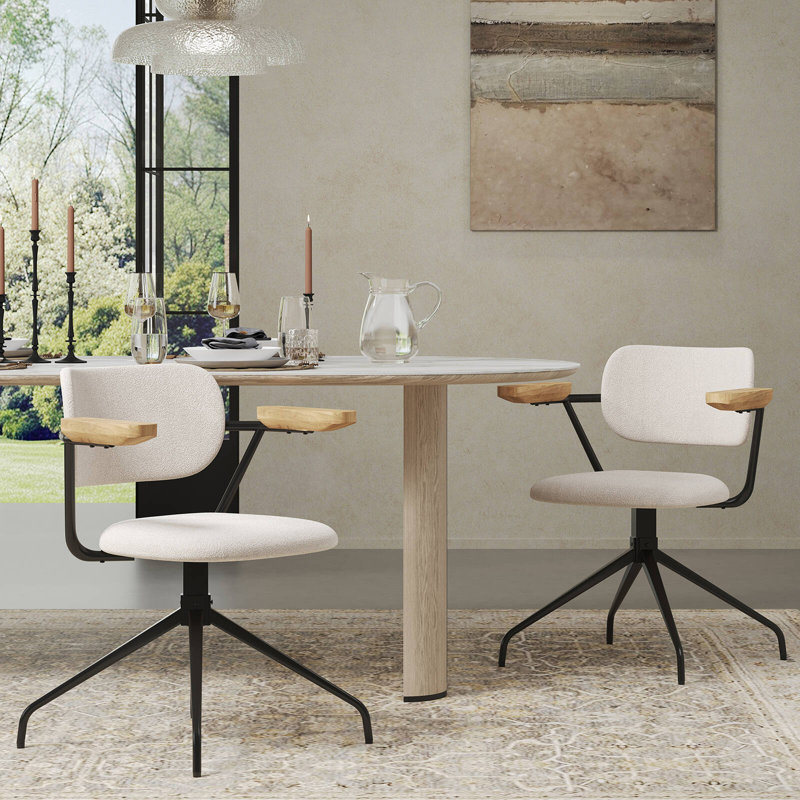Modern Upholstered Swivel Chair With Solid Wood Arms And Metal Frame, White