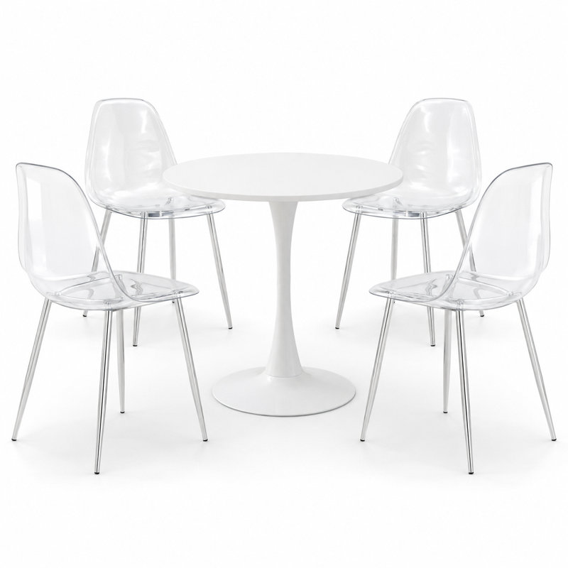 Ensemble de salle à manger à piédestal rond 5 pièces avec chaises d'appoint transparentes, 29.1" H x 31.5" W x 31.5" D