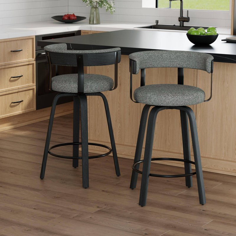 26'' Upholstered Swivel Counter Stool With Back And Bentwood Legs For Kitchen Island, Gray Seat/Black Frame