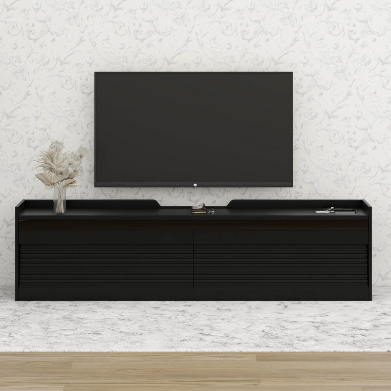 Console de télévision moderne à 4 tiroirs avec façades en verre trempé, éclairage DEL ambiant, Noir
