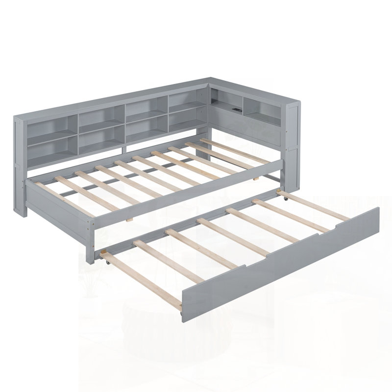 Lit de jour simple en bois avec lit gigogne, tablette de rangement et ports de charge USB pour plus de commodité et de confort moderne