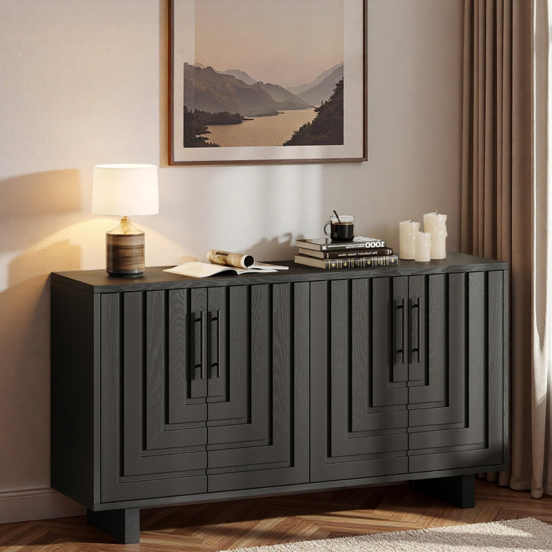 Modern Sideboard With Metal Handles And Geometric Line, Black