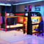 Lit superposé simple en forme de L avec mezzanine de jeu, bureau intégré, tablettes et éclairage DEL, noir et rouge