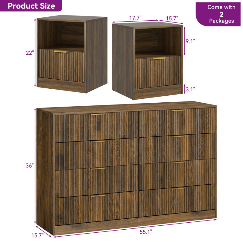 3-Piece 8-Drawer Dresser & 1-Drawer Nightstand Set, Walnut