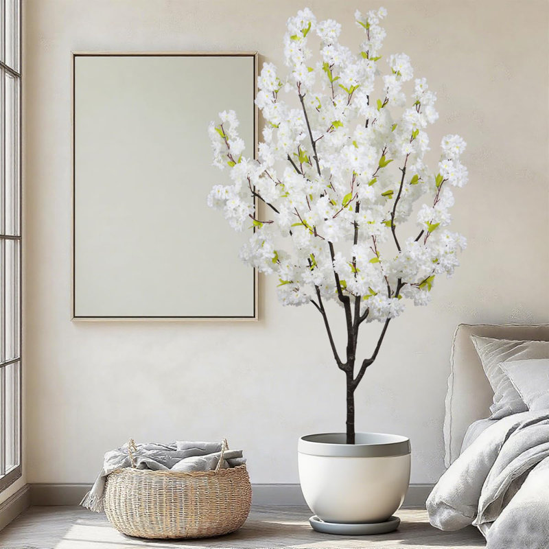 Arbre de fleurs de cerisier artificiel de 6 pi en pot, arbre de fleurs de cerisier artificiel avec fleurs blanches, plante de fleur de cerisier artificielle réaliste pour un décor intérieur et extérieur