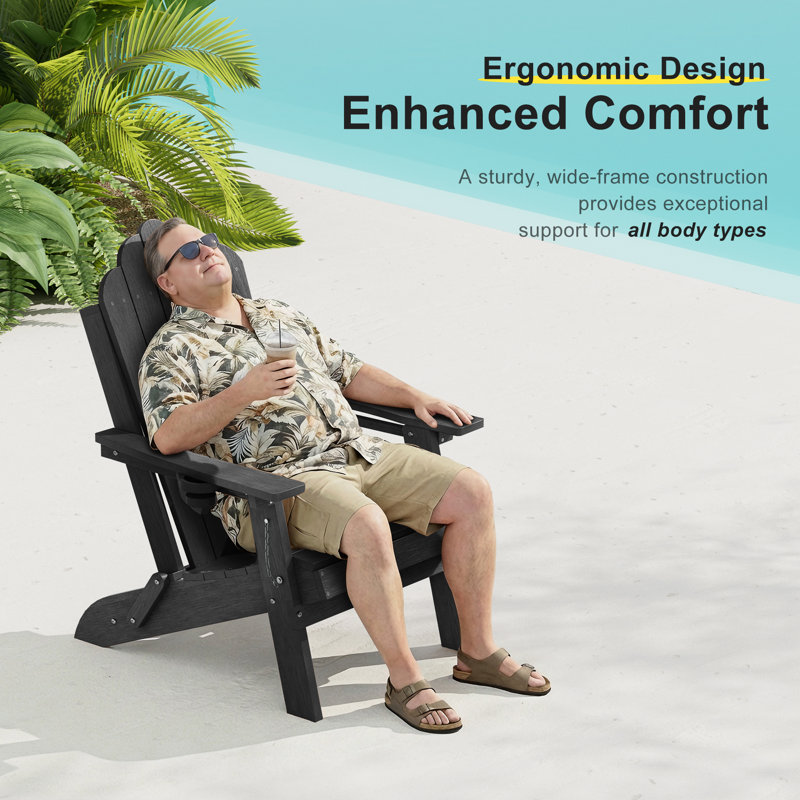 Classic Folding Adirondack Chair, HDPE Adirondack Chair with Ergonomic Design & Cup Holder for Patio and Fire Pit, Black