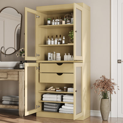32" W x 71.5" H 100% Solid Wood Freestanding Bathroom Storage Cabinet with Frosted Glass Doors, 2 Drawers & Adjustable Shelves – Modern Bathroom Organizer