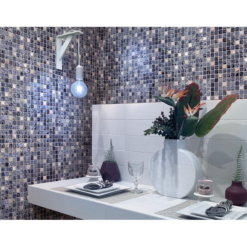 11.7" x 11.7" Grid Mosaic Wall & Floor Tile, Blue/Silver