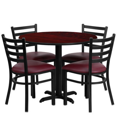 Jinnie 36'' Round Laminate Table Set with X-Base and 4 Ladder Back Metal Chairs