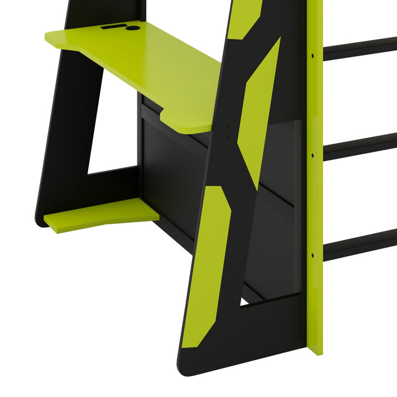 Lit mezzanine avec bureau de jeu, tablettes de rangement et éclairage DEL, Noir et vert