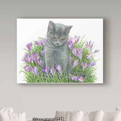 «Grey Cat in Flowers», reproduction de peinture acrylique sur toile tendue Furtado