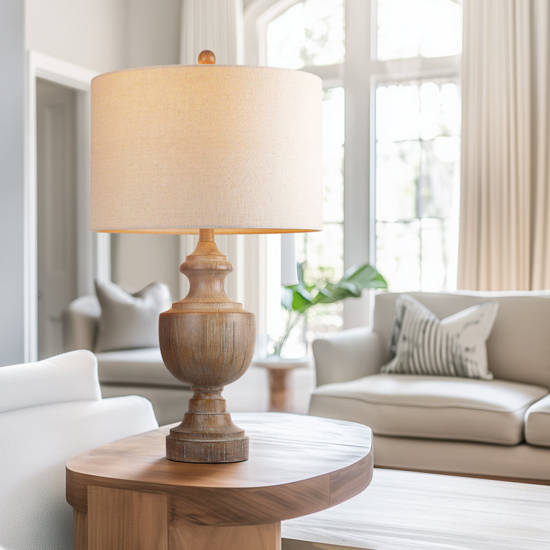 26.8" Farmhouse Brown Resin Table Lamp, Bedside or End Table Lamp with Linen Shade, Includes Bulb