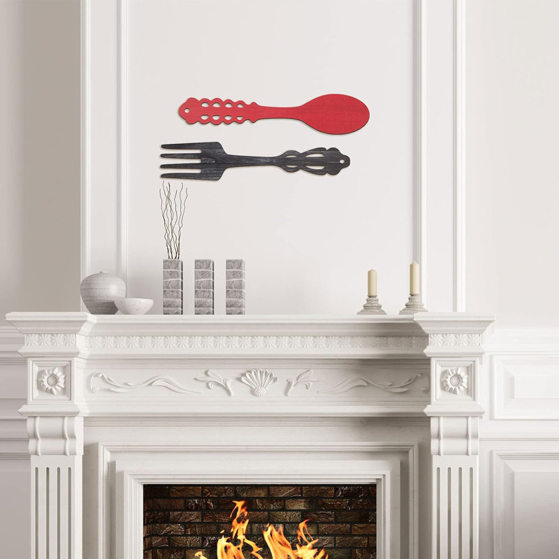 Ensemble de 2 grandes décorations murales fourchette et cuillère en bois