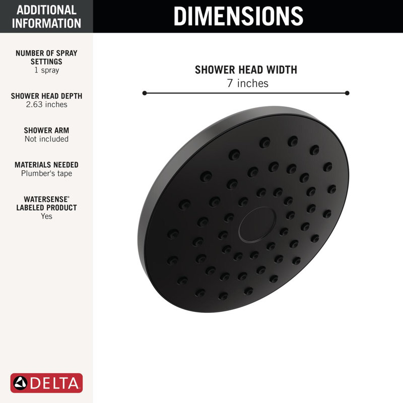PivotPro Rain Showerhead, Single Setting 7 Inch Round Shower Head Matte Black, Matte Black