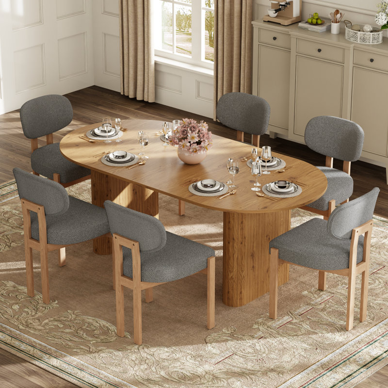 Ensemble de table de salle à manger avec table ovale et 4 à 6 chaises rembourrées, Beige, 7 Pieces: Table, 6 Chairs, Gris
