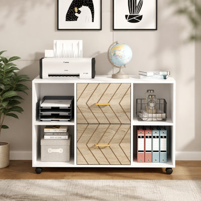 Grand classeur latéral mobile de 39,37 pouces avec 2 tiroirs, support d'imprimante et tablettes de rangement, classeur à roulettes pour le format lettre, rangement pour bureau personnel blanc, finition blanche et noyer