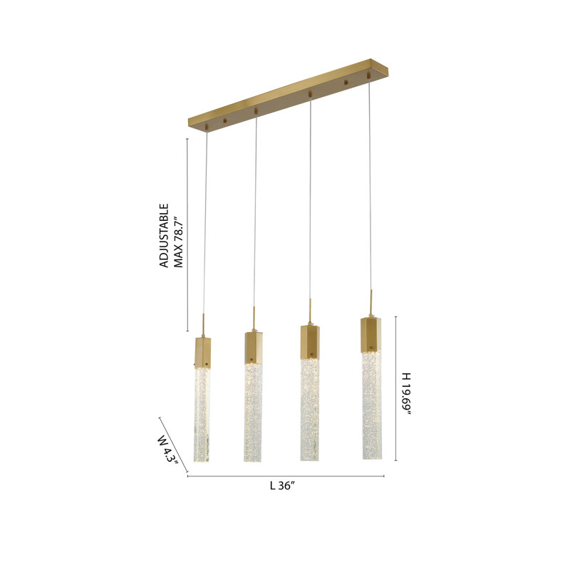 Éclairage pour îlot doré 4 lumières avec cristaux transparents, Or