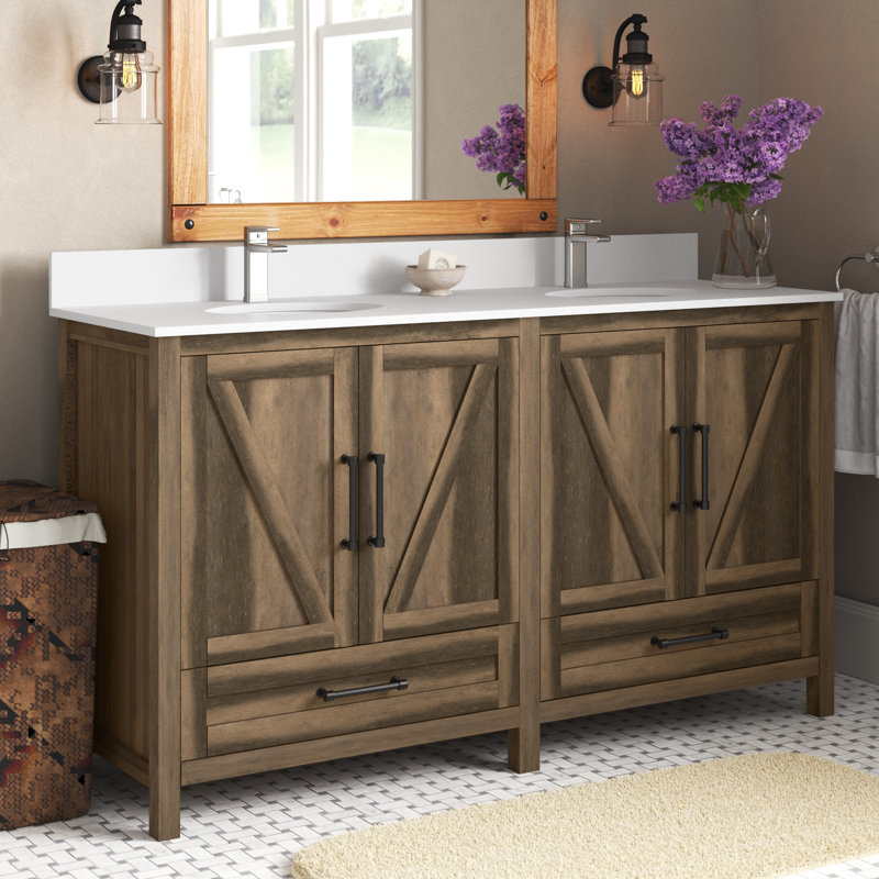Meuble-lavabo double 59,5 po avec plateau en pierre Hunstant, Chêne Fairfax