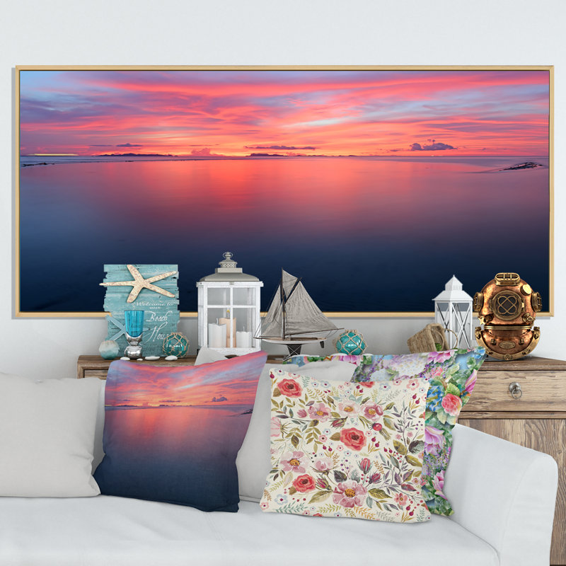 «Vibrant Panoramic Tropical Seascape Sunset» - photographie sur toile, H 12 po x l 20 po x P 1 po, Encadrement brun