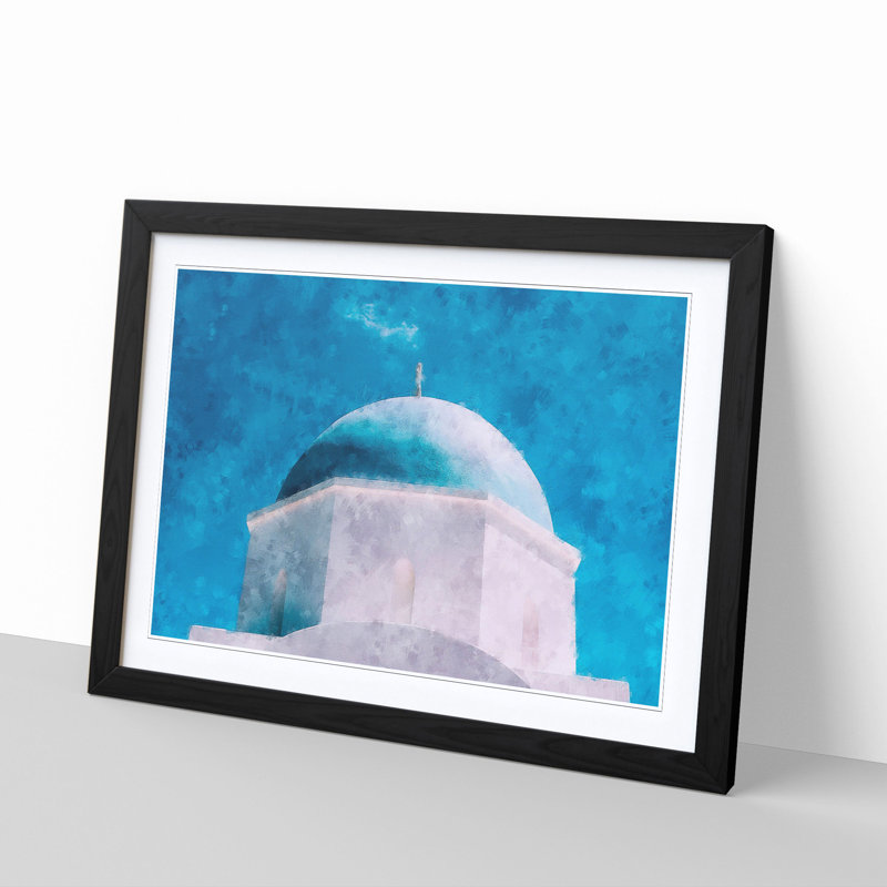 Blue Domed Church In Santorini Painting - Single Picture Frame Print on MDF, Black, 24cm H x 33cm W x 2cm D