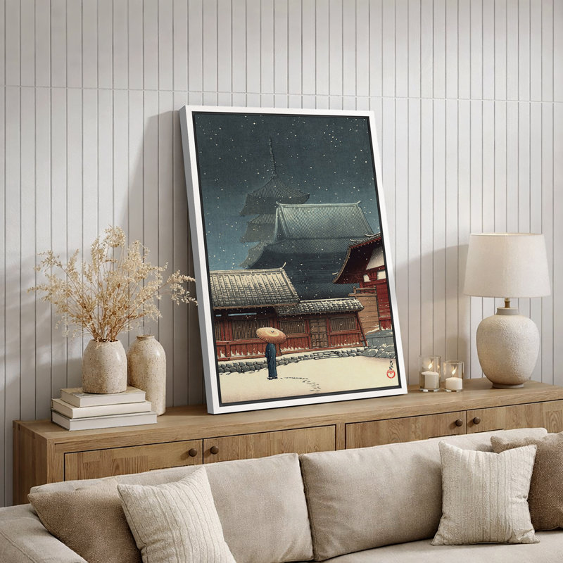 «Snowy Japanese Temple Night», art traditionnel d'hiver, photos, impression sur toile encadrée, H 36 po x l 24 po x P 1,5 po