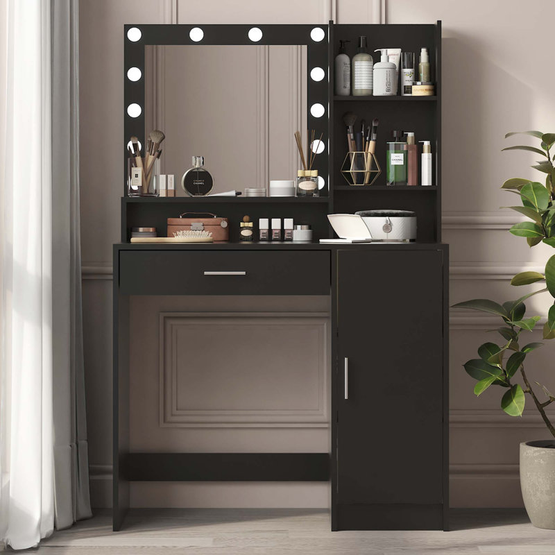 Rhett Makeup Vanity with Mirror, LED Lighting & Spacious Storage, Black