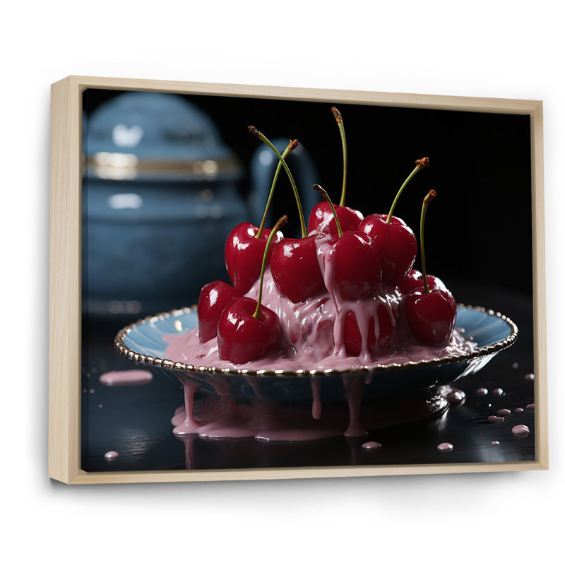 Cherry Sundae Dessert Explosion - Art mural cerise, Cadre flottant brun, H 30 po x l 40 po x P 1,5 po