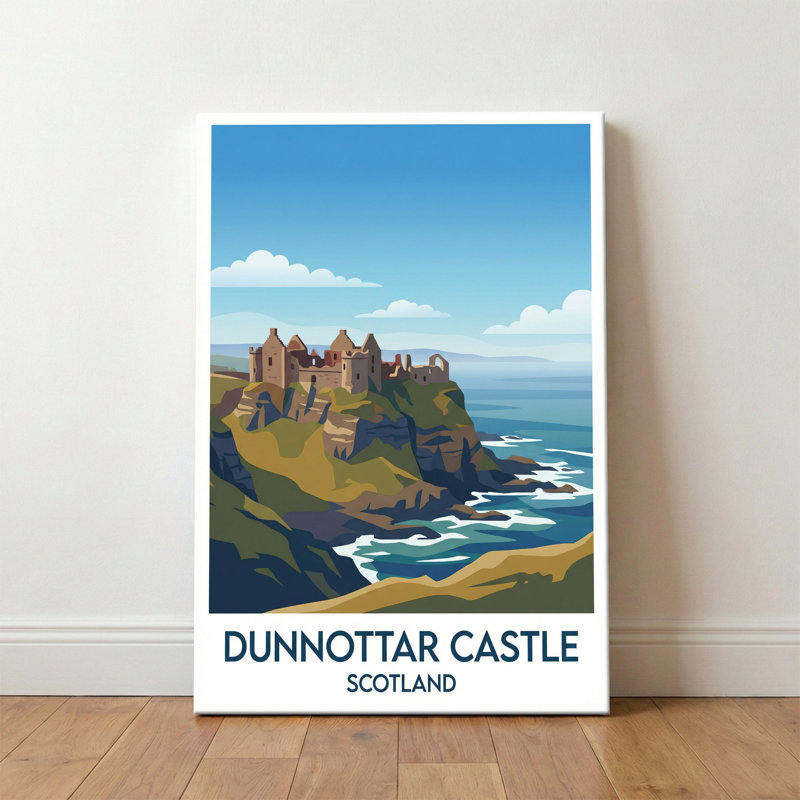 Dunnottar Castle, Scotland - Coastal Castle Travel Poster Celebrating Dramatic Cliffs. Giclee Print On Wrapped Canvas. Wall Art, Home Decor - Castles & Palaces, Scotland - Wrapped Canvas Print