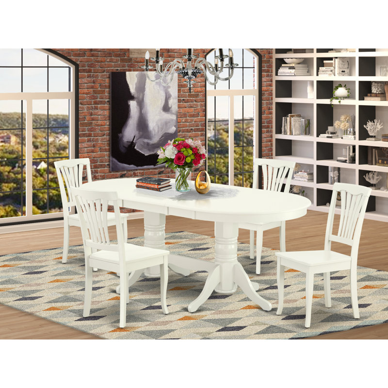 Ensemble de 5 pièces pour 4 pièces comprenant une table de salle à manger ovale avec rallonge papillon et 4 chaises de cuisine, lin blanc