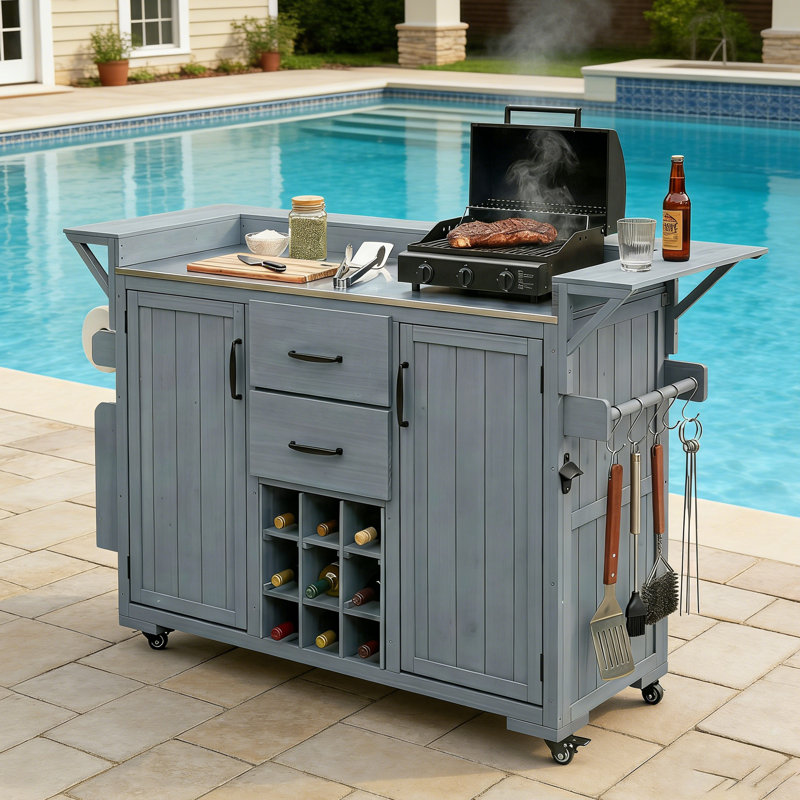 Modern 60.2''W Wood Outdoor Patio Bar Cart with Wheels, Rolling Patio BBQ Kitchen Cart with Stainless Steel Top, Gray