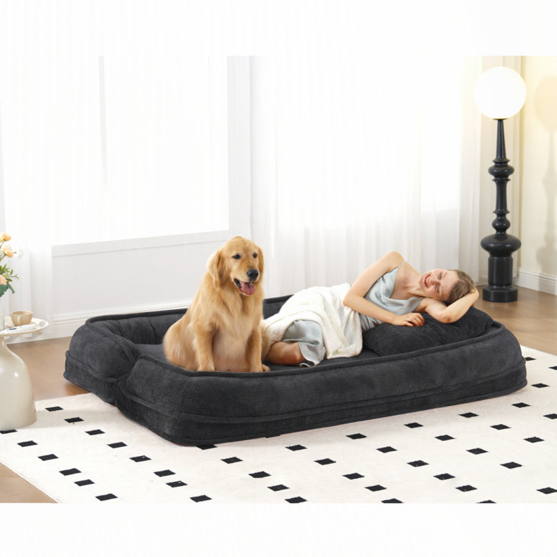 [NEW ARRIVED] [VIDEO PROVIDED] Double human dog bed,Lazy sofa ,Loveseat,Fits You & Pets,Extra Large Floor Couch,Can sit or lie down,2-in-1,5 Adjustable Position, Plump Pillow,2 Seat,Chenille,Black