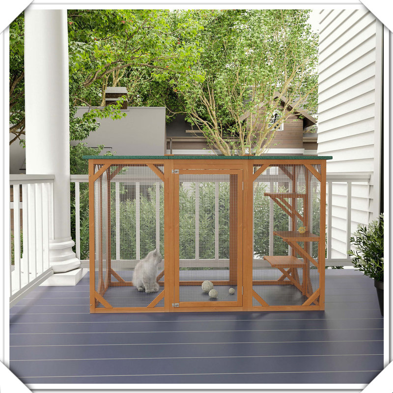 Maison d'extérieur en bois pour chat avec plateforme de protection contre les intempéries, H 44 po x l 31,5 po x P 70,75 po
