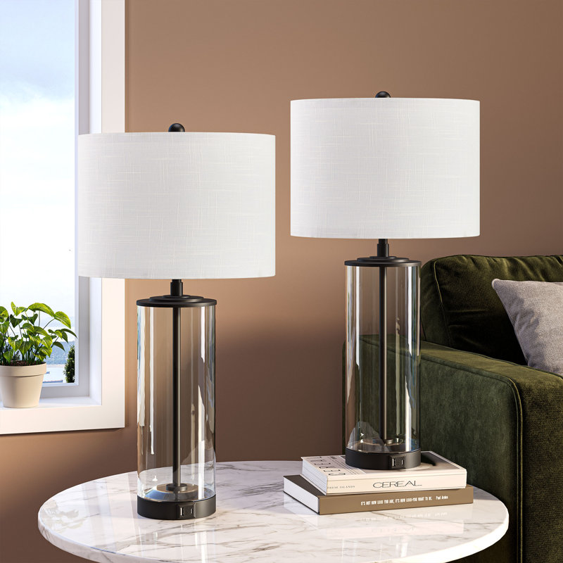 Dimmable Glass Table Lamp Set with DIY Fillable Base, Bulbs, Touch Control and USB Ports