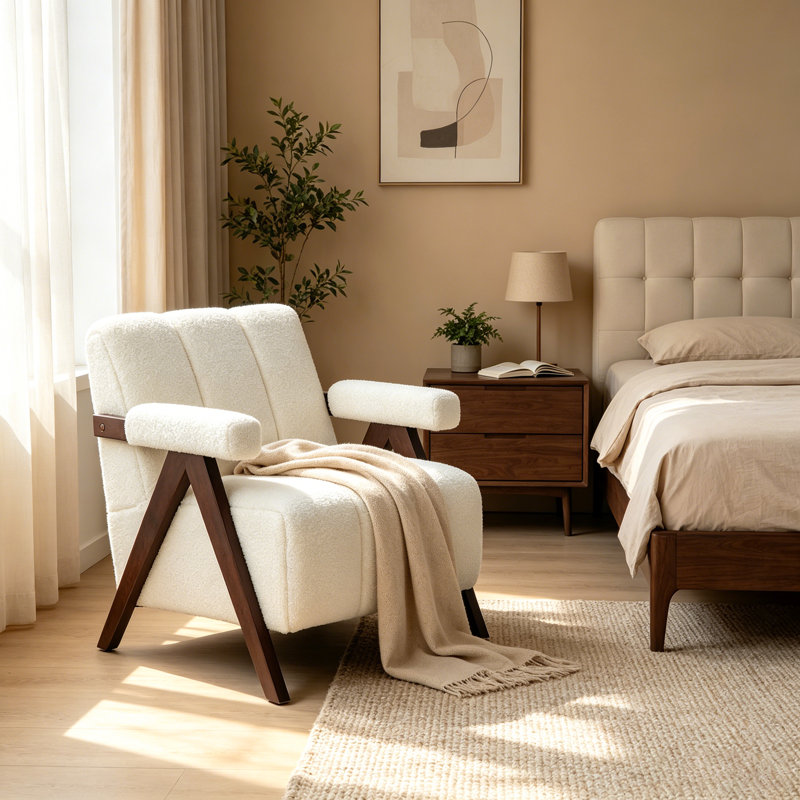 Mid-Century Modern Accent Chair, Upholstered Boucle Armchair with Solid Wood Legs , White