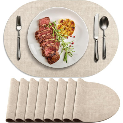 Placemats for Dining Table Set of 8 Non-Slip, Heat Resistant Oval Leather Placemat Double Layer, Waterproof Table Mats Easy to Clean for Kitchen Dining Room Coffee Office Table, Beige