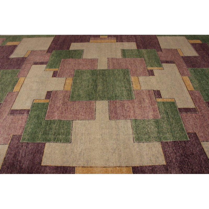 Hand-Knotted Classic Geometric Rug Purple Green Pattern By Rug & Kilim, Rectangle 10' x 14'