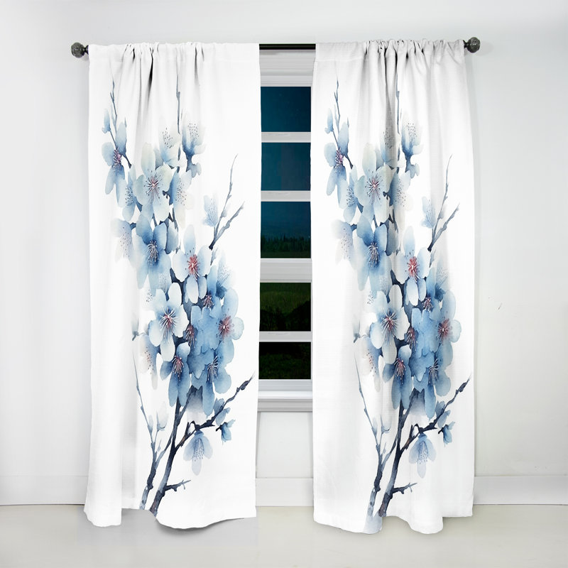 Habiki Blue and white Cherry Blossoms Sapphire - Traditional Velvet Curtain - Room Darkening - 1 panel, 52" W x 84" L
