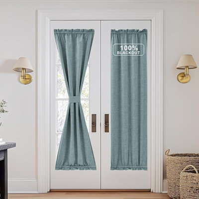 Rideau 100% occultant en lin à porte française NICETown, store de porte avec passe-tringle à isolation thermique avec attache pour dossier de chambre à coucher, l 25 x L 72, 1 panneau, bleu ciel