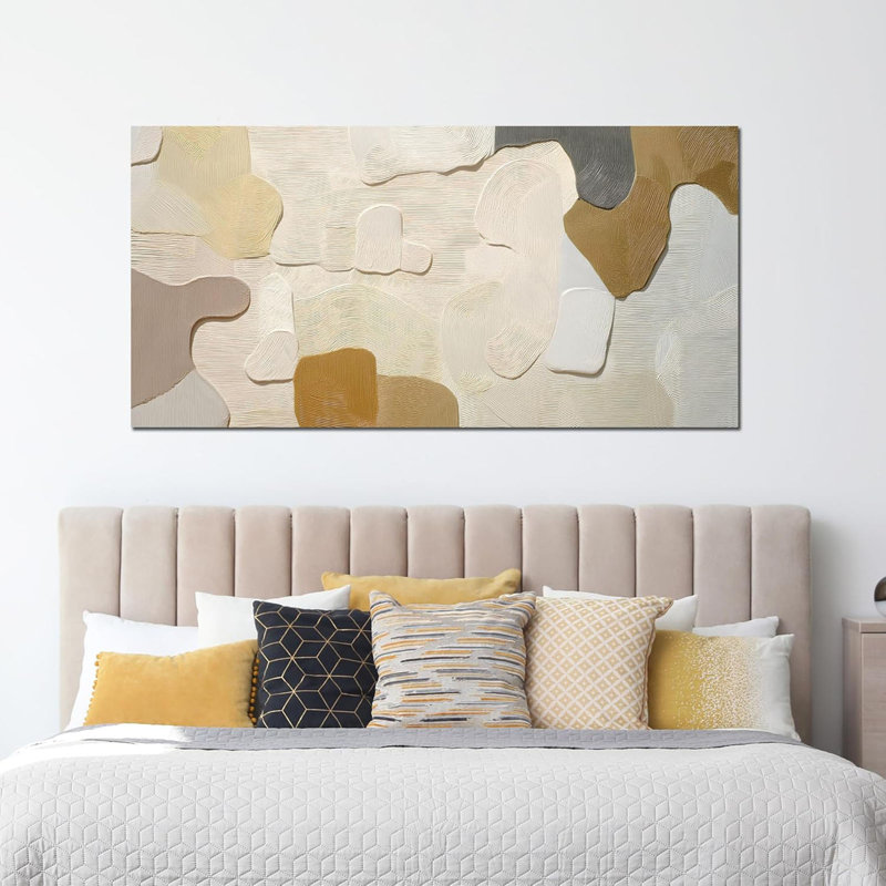 Grand art mural abstrait neutre pour salon 24 "x 48", reproduction d'art sur toile beige et brune, minimaliste