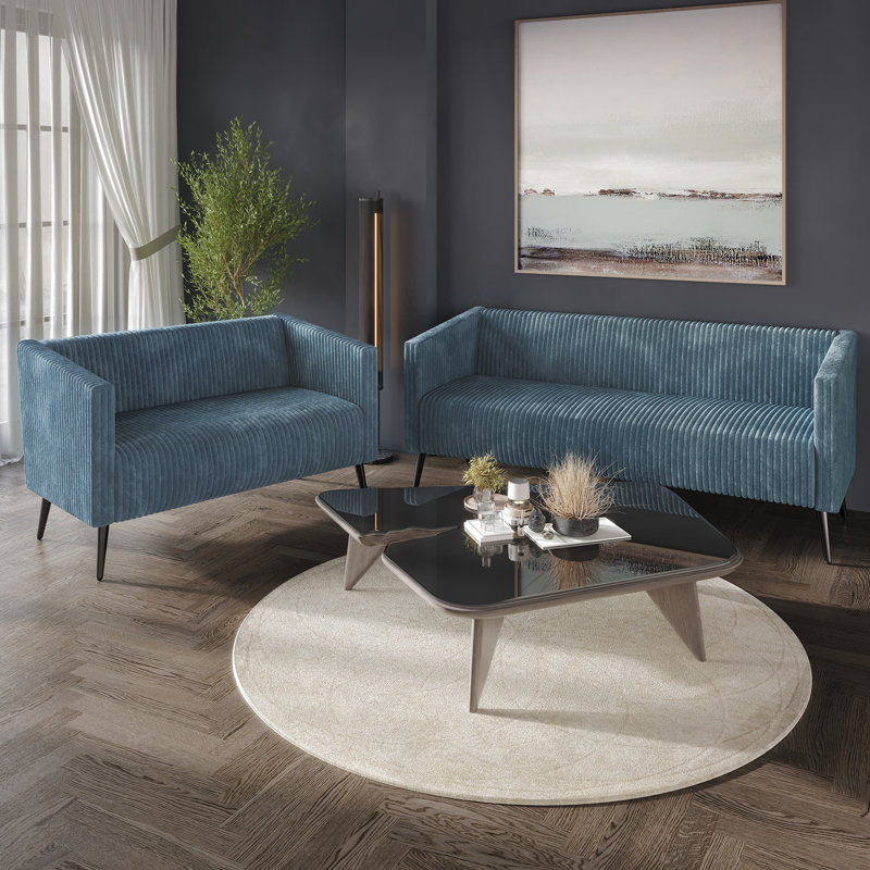 Ensemble de salon en velours 2 pièces Schermick, Velours bleu clair
