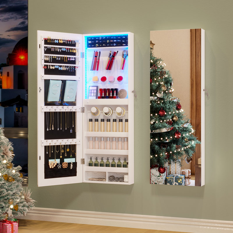 Armoire à bijoux 14,6 po de largeur avec miroir pleine longueur, Blanc