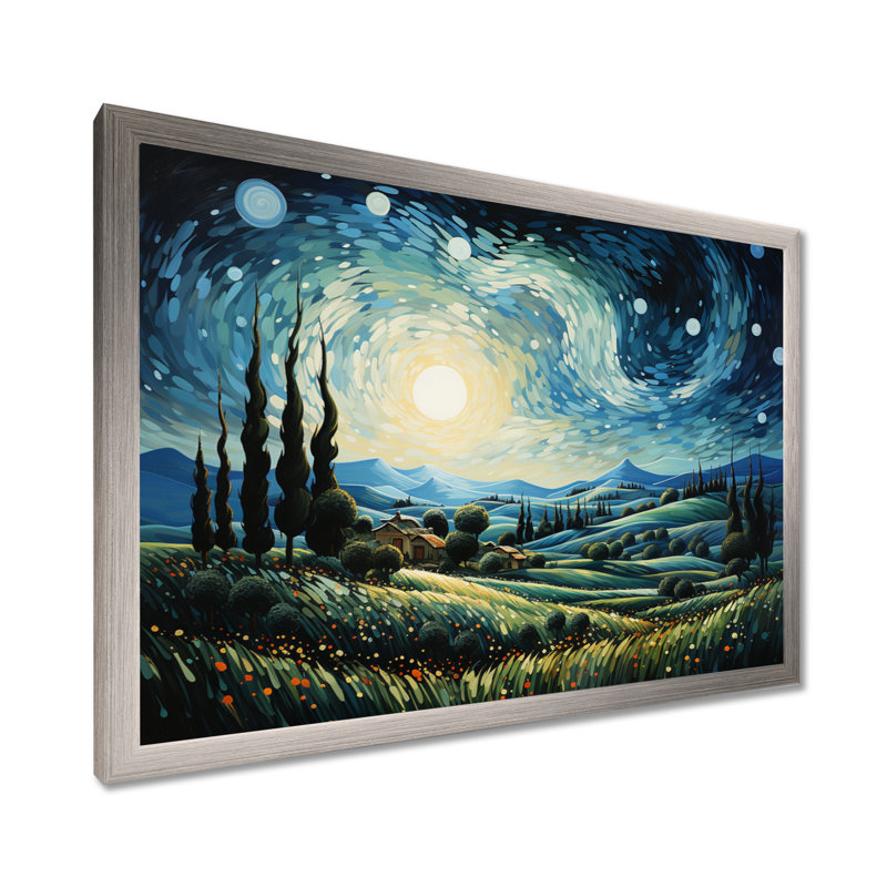 «Vangogh The Swaying Cypress I», art mural Vangogh par Vincent Van Gogh, peinture, H 24 po x l 32 po x P 1 po, Cadre argenté