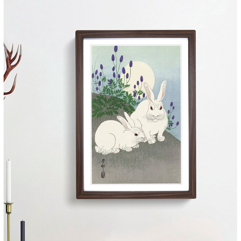 Rabbits at Full Moon by Ohara Koson - Picture Frame Painting Print, 91cm H x 60cm W x 2cm D, Walnut