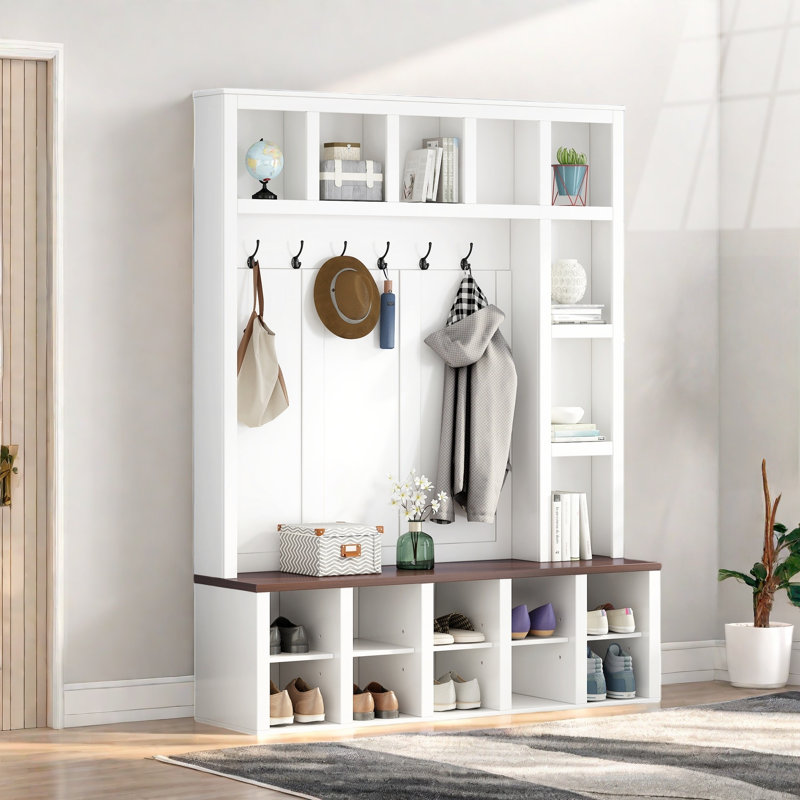 Farmhouse Wooden Hall Tree With Coat Rack, Sitting Bench, Display Shelves And 13 Cubbies, White/Walnut