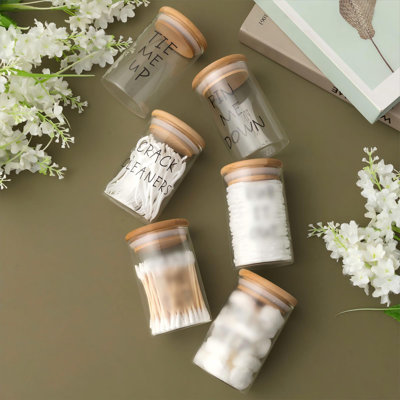 6 Pcs Cotton Ball Holder Apothecary Jars With Lids Glass 3 Pcs Bamboo Tray Oval Plate Bathroom Decor Clear Cotton Ball Holder Bathroom Organizer