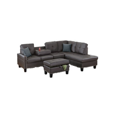 Espresso Faux Leather Living Room Furniture 3-PCS Sectional Sofa Set LAF Sofa RAF Chaise And Storage Ottoman Cup Holder Couch
