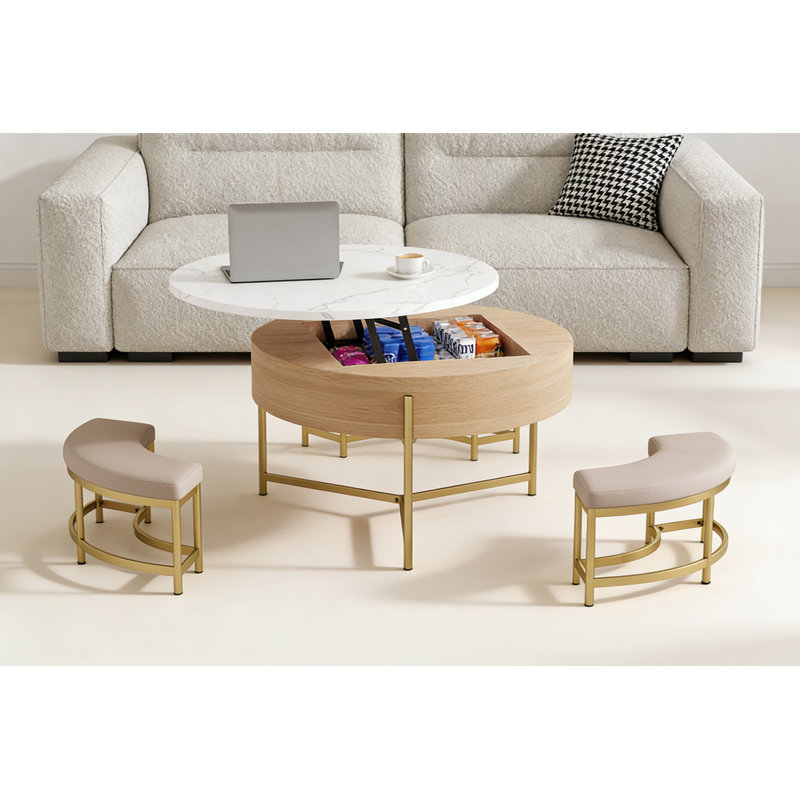 Table basse à plateau relevable avec rangement et 3 repose-pieds, Blanc / beige